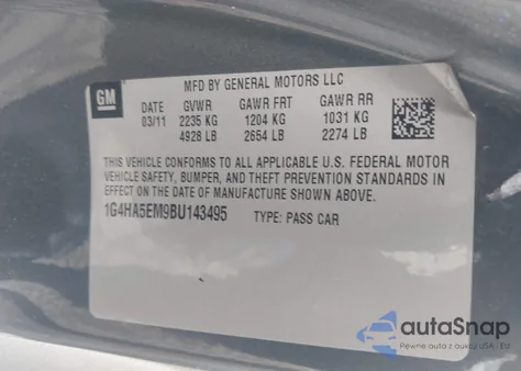 2011 Buick Lucerne Cx из США, поврежденный, VIN 1G4HA5EM9BU143495